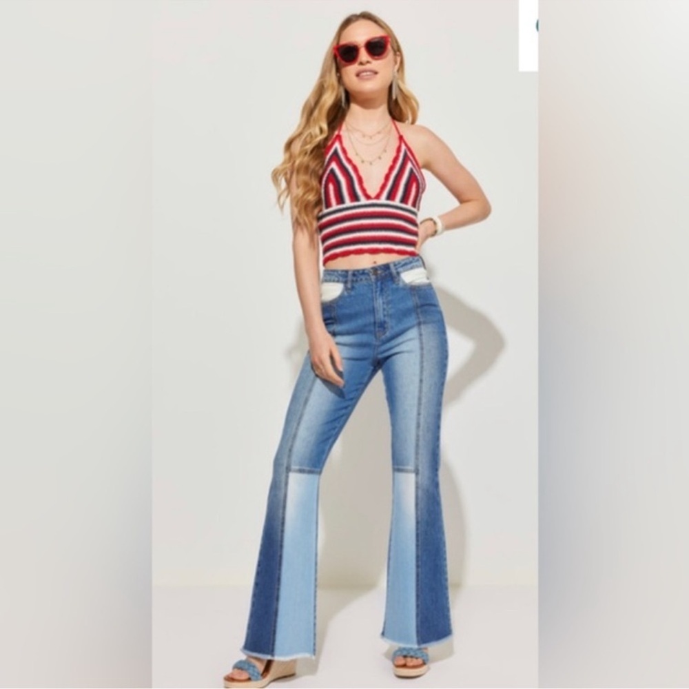 Harper Heritage patchwork Blue Flare Jeans for Women high rise raw hem like new